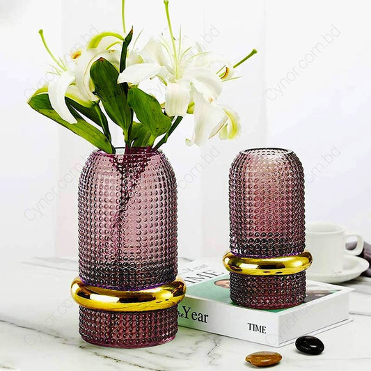 Purple Color Glass Body with Golden Ring Design Flower Vase