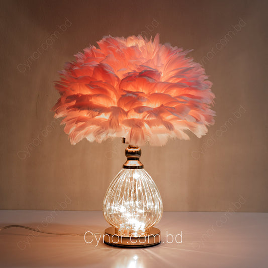 Pink Color Feather Shade with Crystal Design Metal Base Table Lamp
